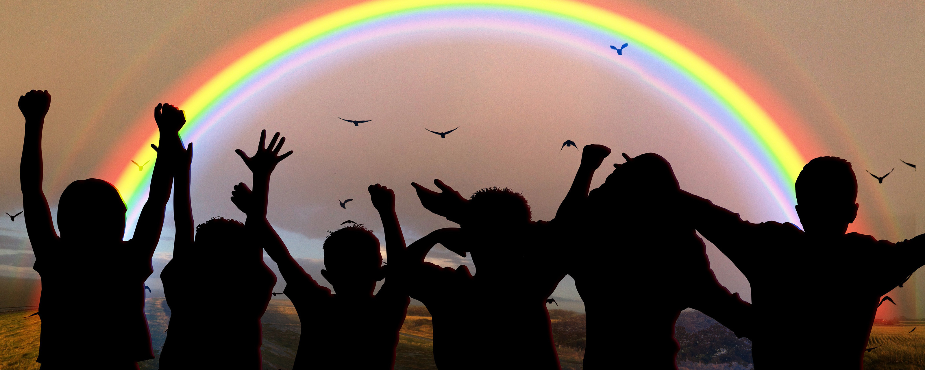Silhouetten von Kindern mit ausgestreckten Händen vor einem bunten Regenbogen über einer Landschaft mit fliegenden Vögeln symbolisieren Hoffnung, Vielfalt und das Engagement für eine tolerante, demokratische Gesellschaft, das VIDETO fördert.