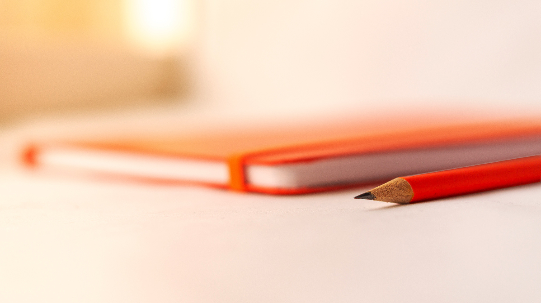 Ein roter Bleistift liegt vor zwei orangefarbenen Notizbüchern auf einer hellen Fläche, symbolisierend für das Aufzeichnen von Ideen und demokratischem Mitwirken.