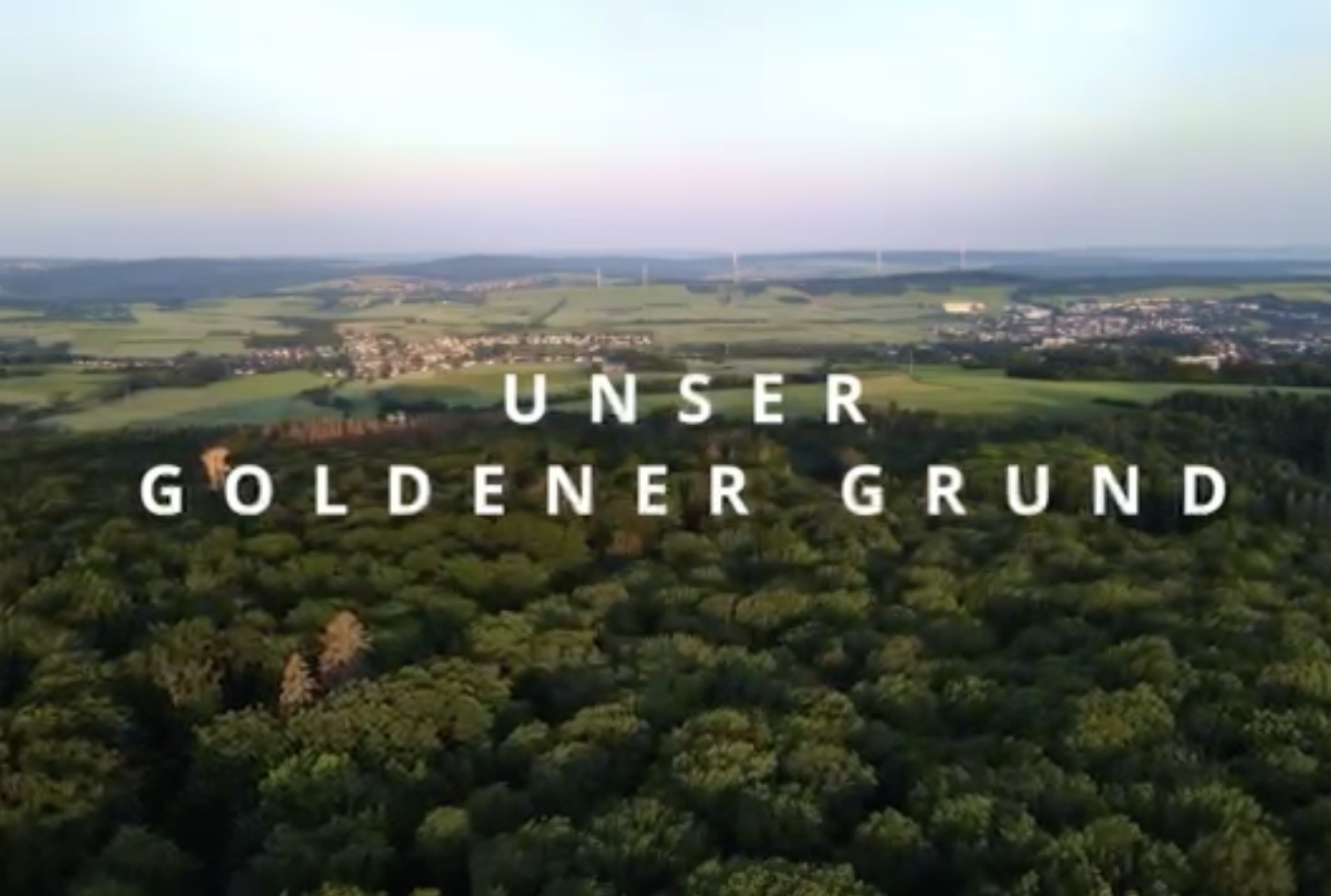 Luftaufnahme der Region Goldener Grund mit dichten Wäldern, offenen Feldern und entfernten Siedlungen, überlagert mit dem Text „UNSER GOLDENER GRUND“ – dem Gebiet, in dem VIDETO demokratisches Engagement, Vielfalt und ein respektvolles Miteinander fördert.